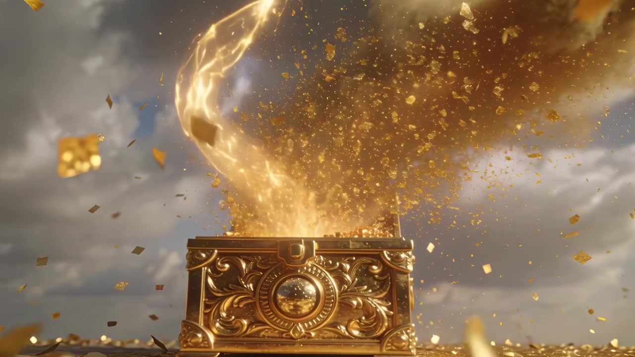 Öffnen einer verzierten Goldtruhe auf reflektierender Plattform, die braunen Rauch, Glitzer und quadratisches Konfetti freisetzt.