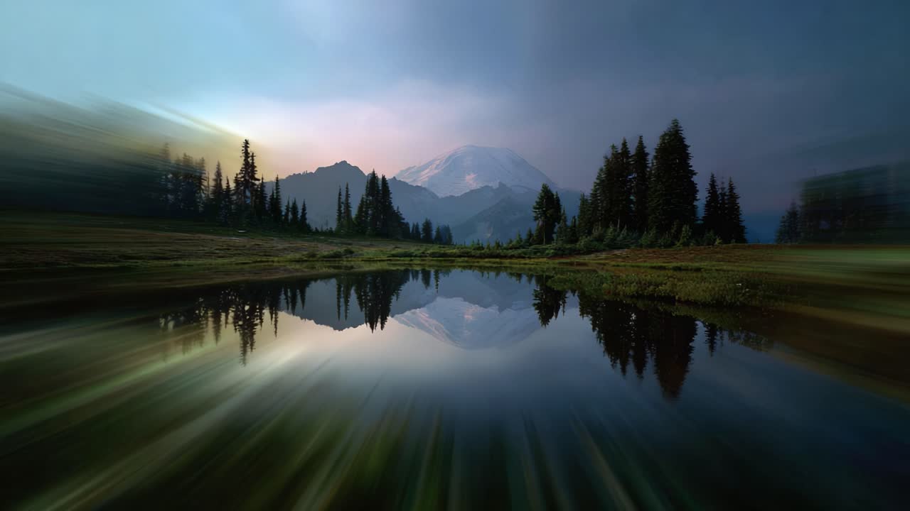 Una tranquilla scena di montagna con un sereno lago riflettente, circondato da rigogliosi abeti verdi e maestose vette sotto un cielo crepuscolare tenue, immerso in colori delicati.