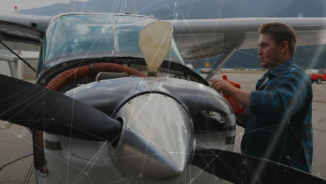 pouring fuel into airplane, person working over network connections animation