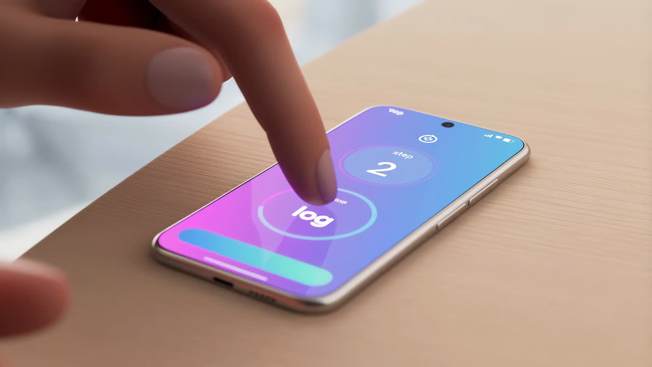 Close-up of a finger interacting with a smartphone app displaying 'step 2' and 'log' on a colorful screen