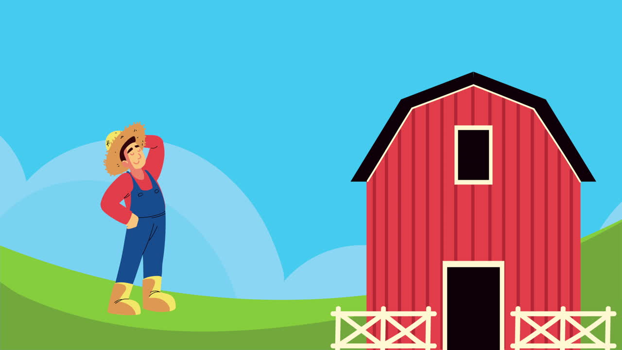 animación del estilo de vida de la granja con el establo y el agricultor