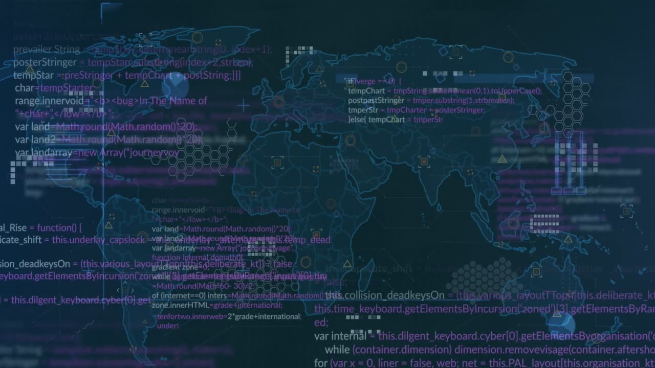 Animation of data processing over world map against black background