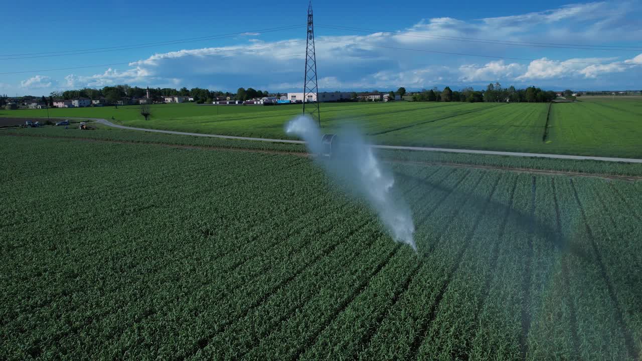 Sistema di irrigazione rotatorio portatile che irriga un campo di erba medica (Medicago sativa), con irrigazione dall'alto e un effetto arcobaleno causato dalla rifrazione della luce solare attraverso le goccioline d'acqua