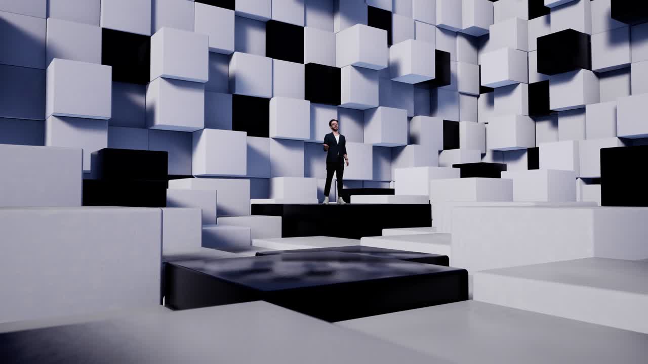 presentador de televisión en el estudio virtual de noticias con cubos blancos y negros.