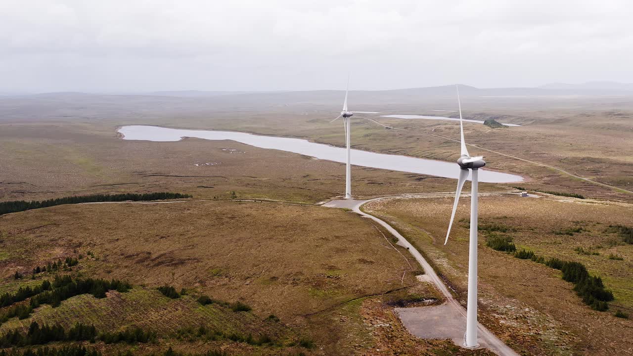 Aerial shot of wind turbines near a Scottish loch on the Isle of Lewis