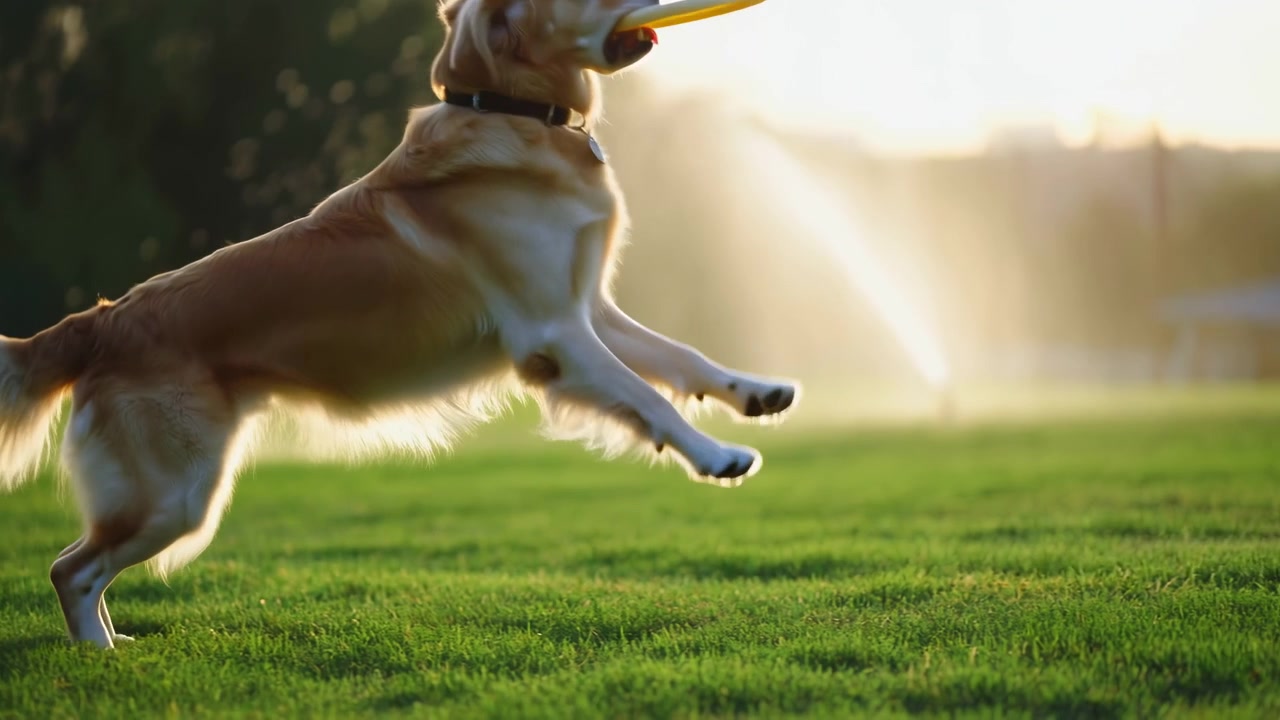 Golden retriever si muove attraverso il prato ben curato del parco con un frisbee in bocca, ripreso da una prospettiva laterale bassa con luce solare calda, nebbia dell'irrigatore, bokeh morbido e un'atmosfera di gioco all'aperto rilassato, con cane, retriever.