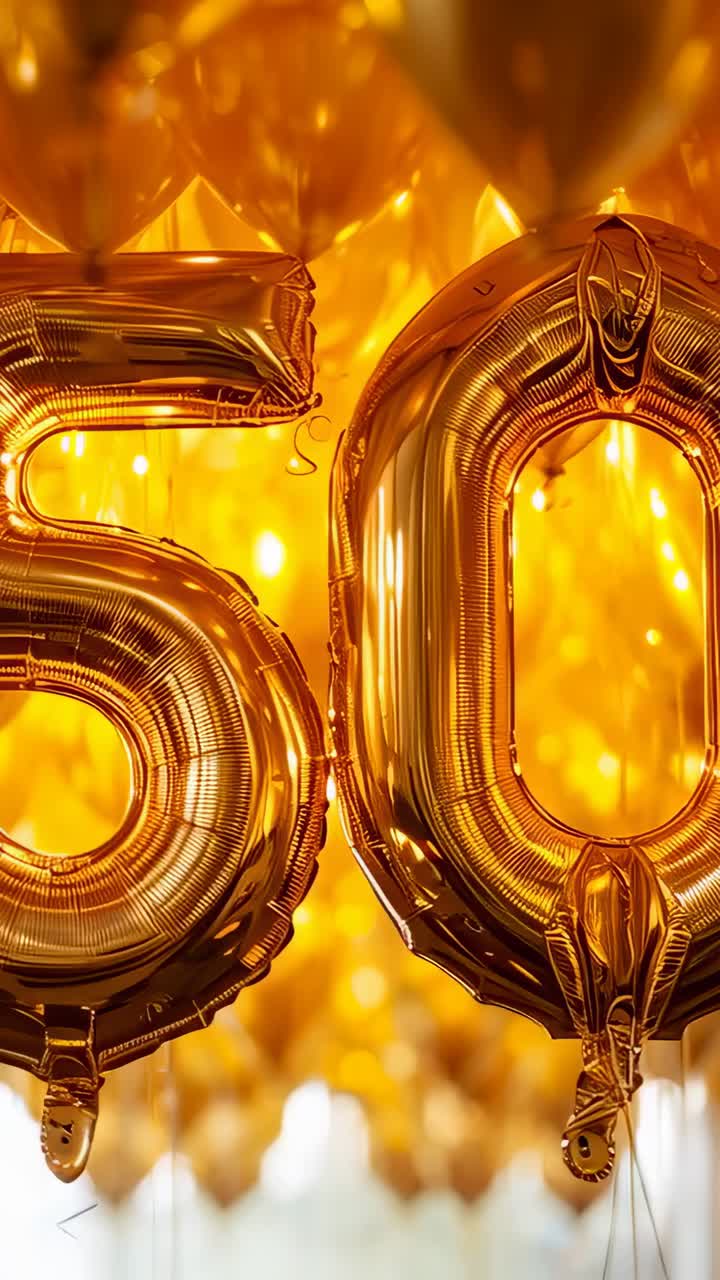 Vertical video: Panning camera revealing gold foil 50 balloons swaying in event space with tethers