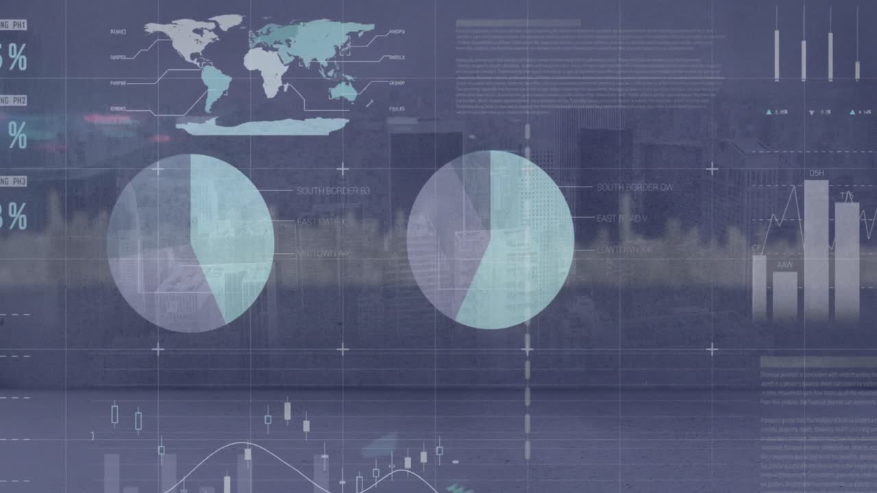 Animation of statistical data processing over grid network against aerial view of cityscape