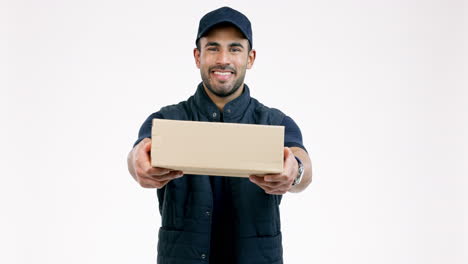 happy man, box and delivery in logistics