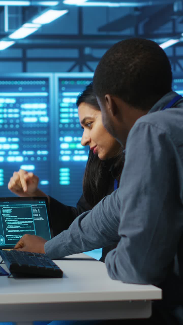Professionisti IT che collaborano su un portatile in una server room