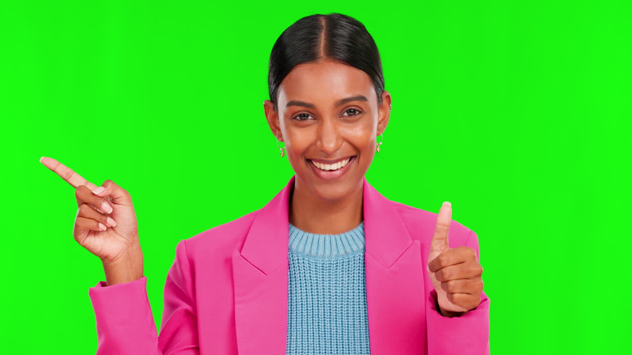 Kvinde i pink blazer giver tommelfinger op og peger