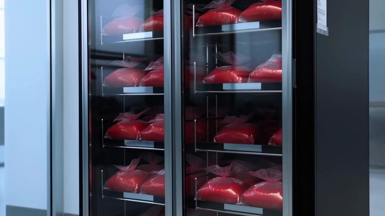 Vista all'altezza degli occhi di un frigorifero medico chiuso che contiene più file di sacche di fluido rosso sigillate su scaffali metallici, porte di vetro pulite, luce diurna fredda e un ambiente di stoccaggio sanitario sterile.