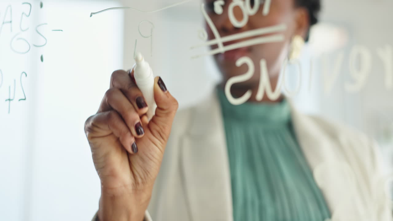 Businesswoman writing on a clear board
