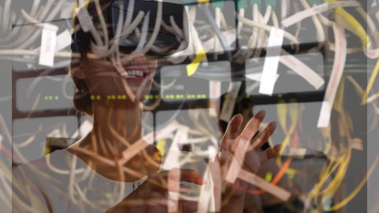 animación de mujeres usando auriculares vr sobre la sala del servidor