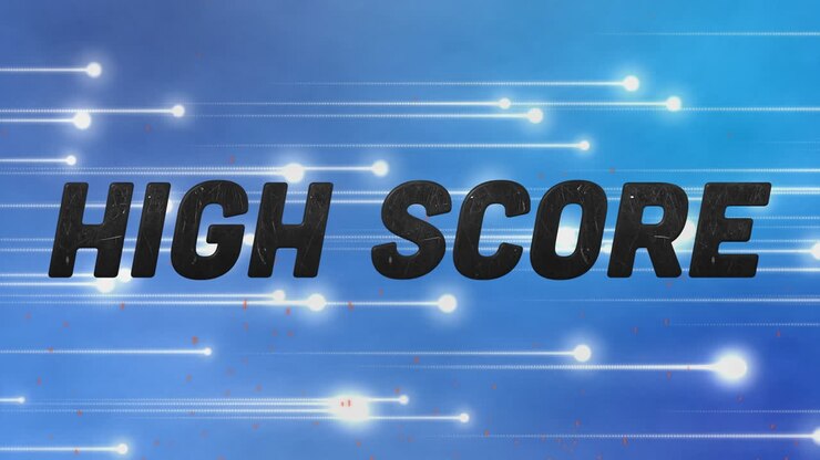 Digital animation of high score text against glowing light trails on blue background