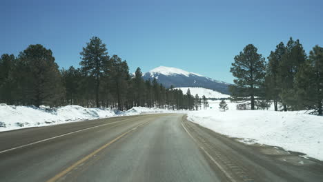 driving through the snow covered mountains and forest on a beautiful afternoon