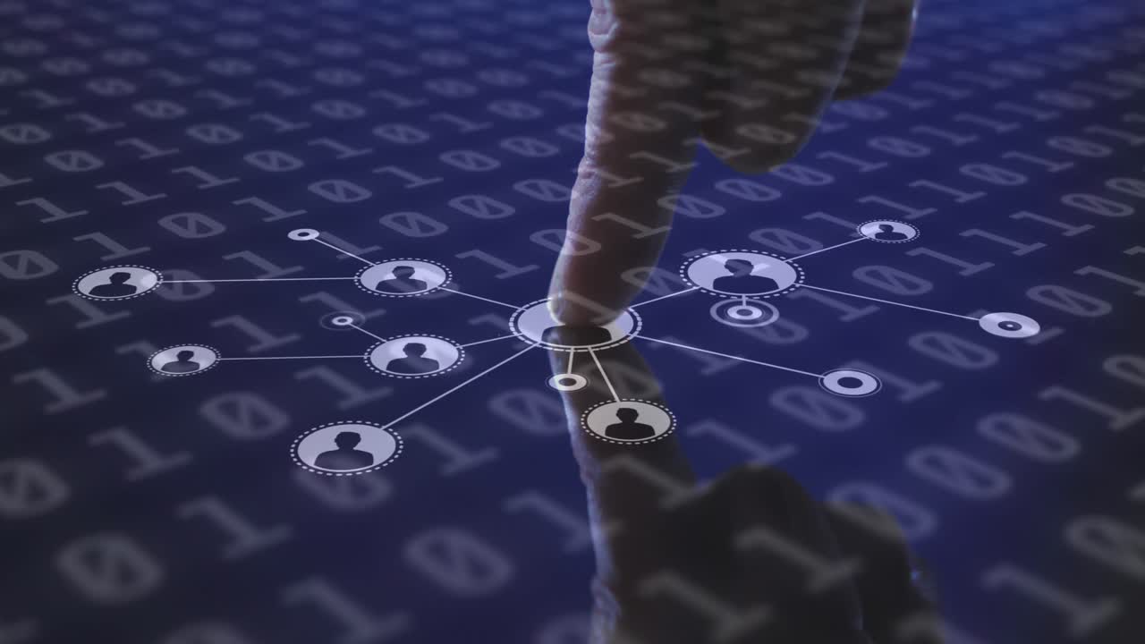 animación de un hombre tocando una pantalla interactiva con red de iconos de personas y codificación binaria