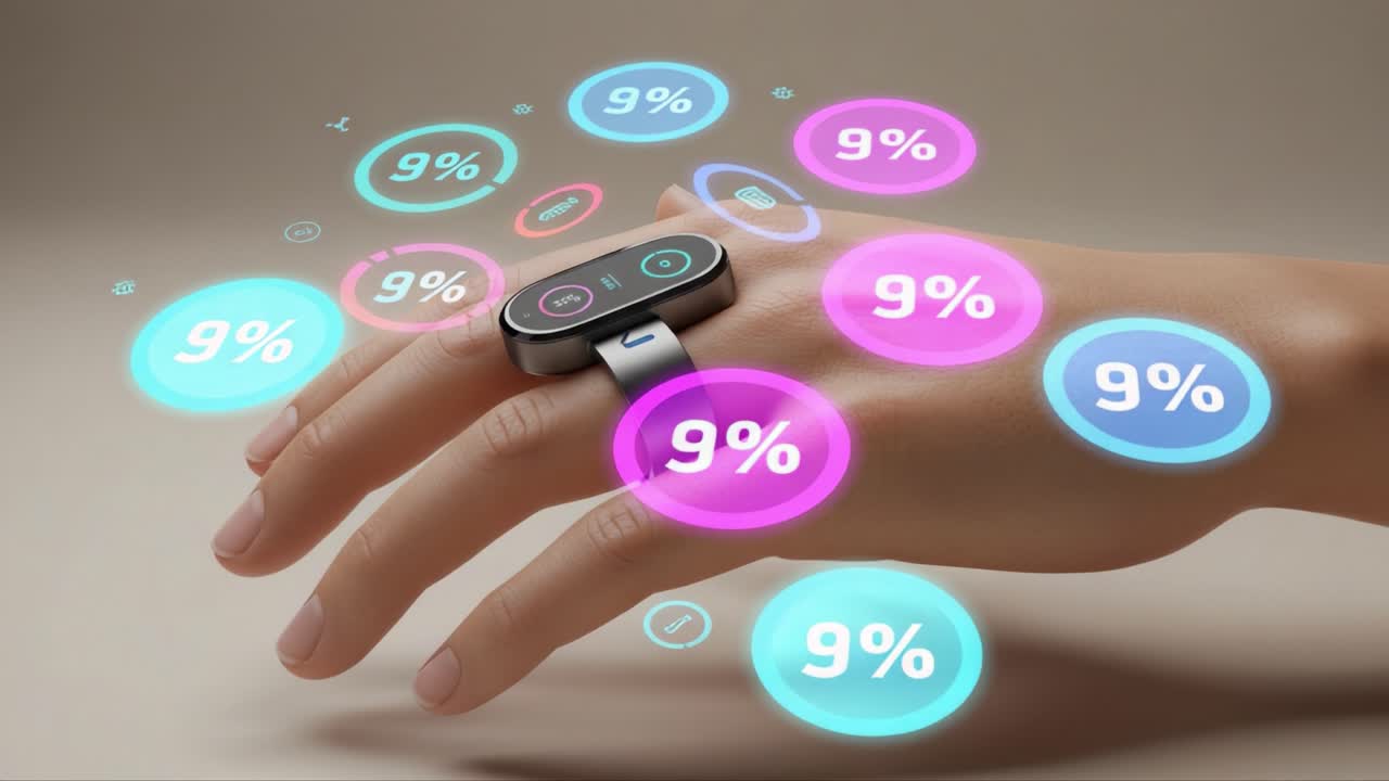 Exploring Advanced Wearable Technology: A Futuristic Smart Ring Displaying Interactive Health Data Metrics on User's Hand
