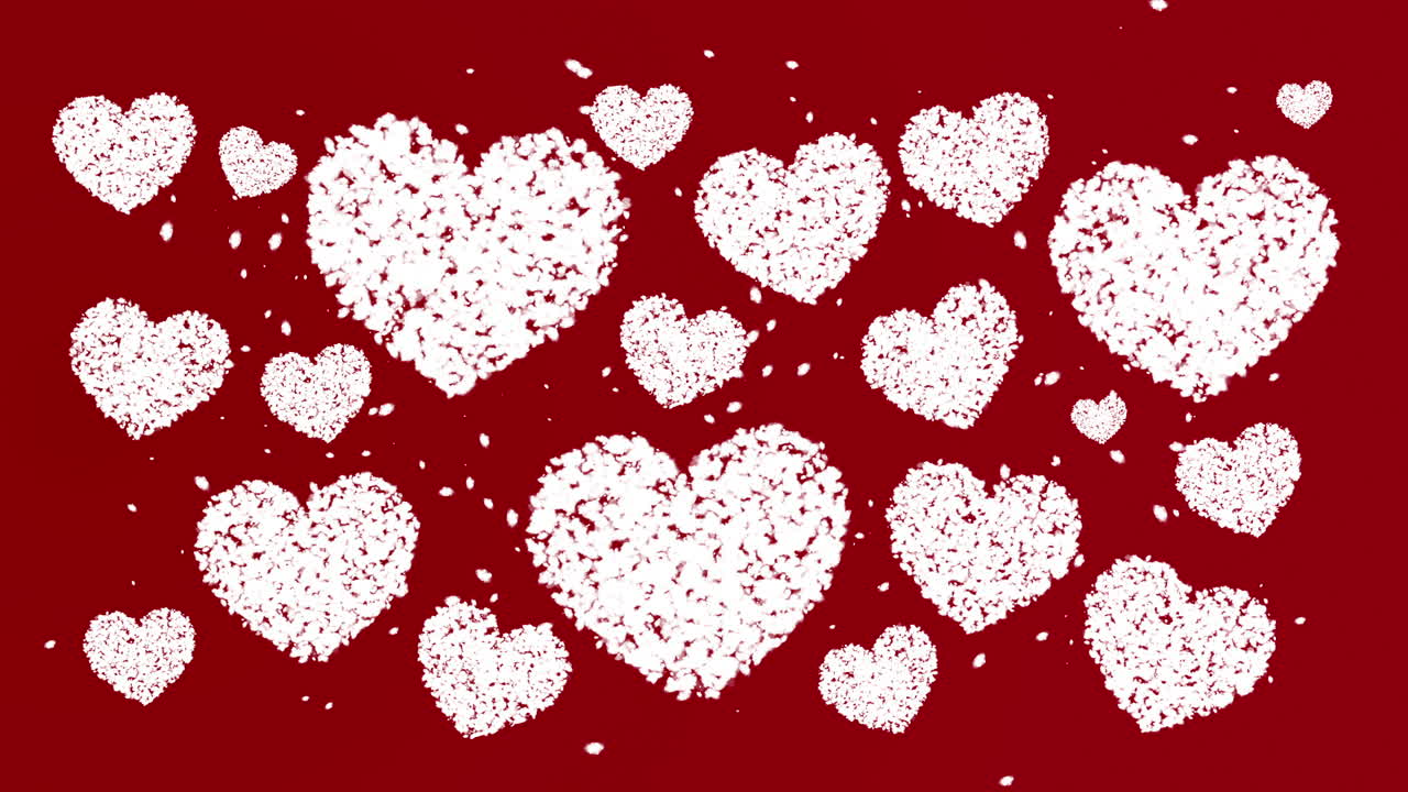 Abstract animation of flying hearts and small particles on a red background. Romantic love pattern.