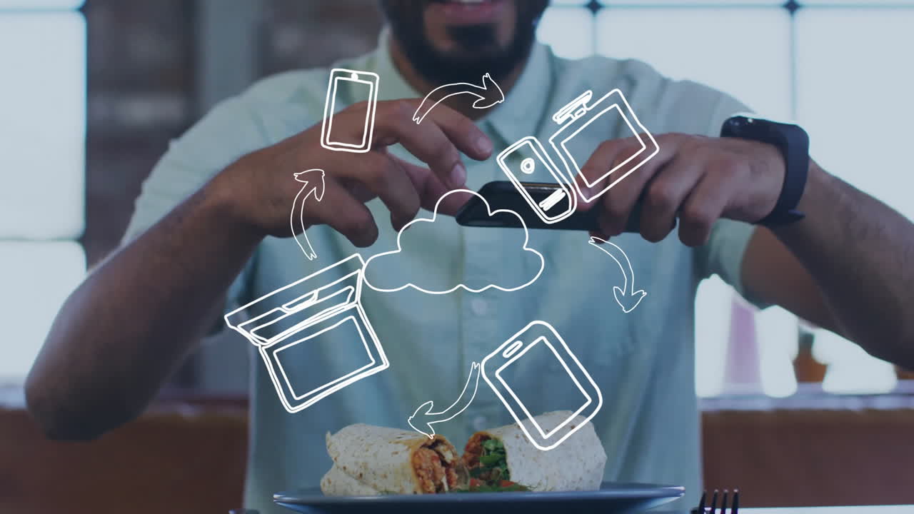 Taking photo of burrito, man using animation with digital cloud icons