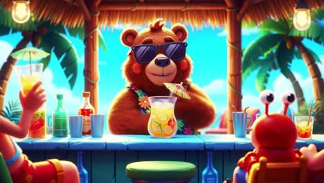 a colorful tropical scene featuring a sunglasses-wearing bear skillfully mixing cocktails at a poolside bar surrounded by happy friends and refreshing drinks