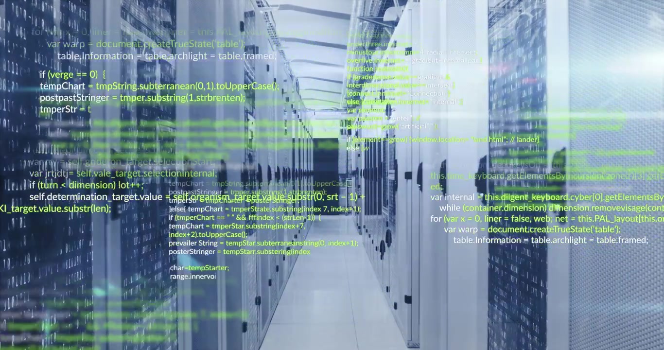 Data Center Server Room with Digital Programming Code Overlay