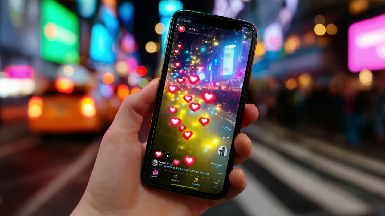 Catturare l'energia vibrante di una frenetica notte urbana: uno sguardo all'interazione sociale attraverso uno smartphone che mostra una reazione sentita tra le luci della città