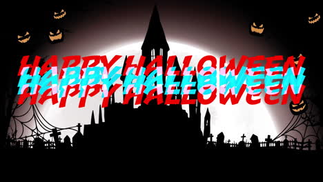 animation of happy halloween text over pumpkins and castle