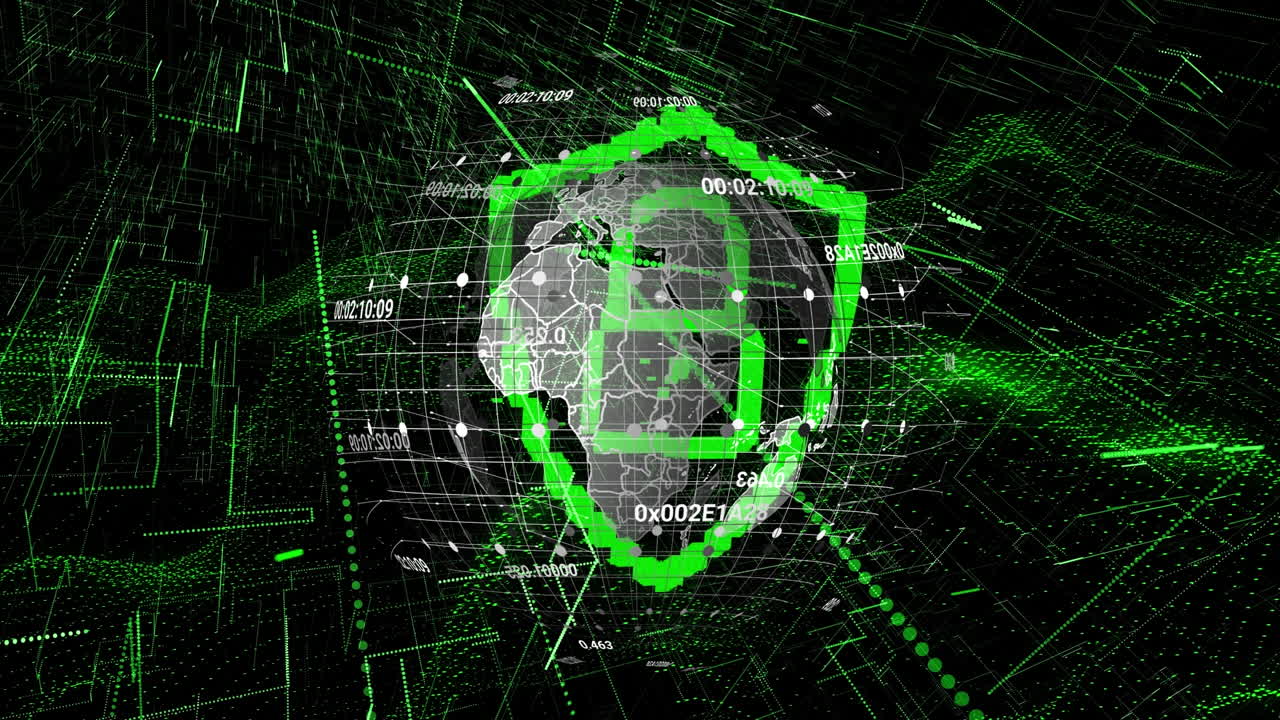 animación del procesamiento de datos con el globo sobre el icono del candado sobre fondo negro