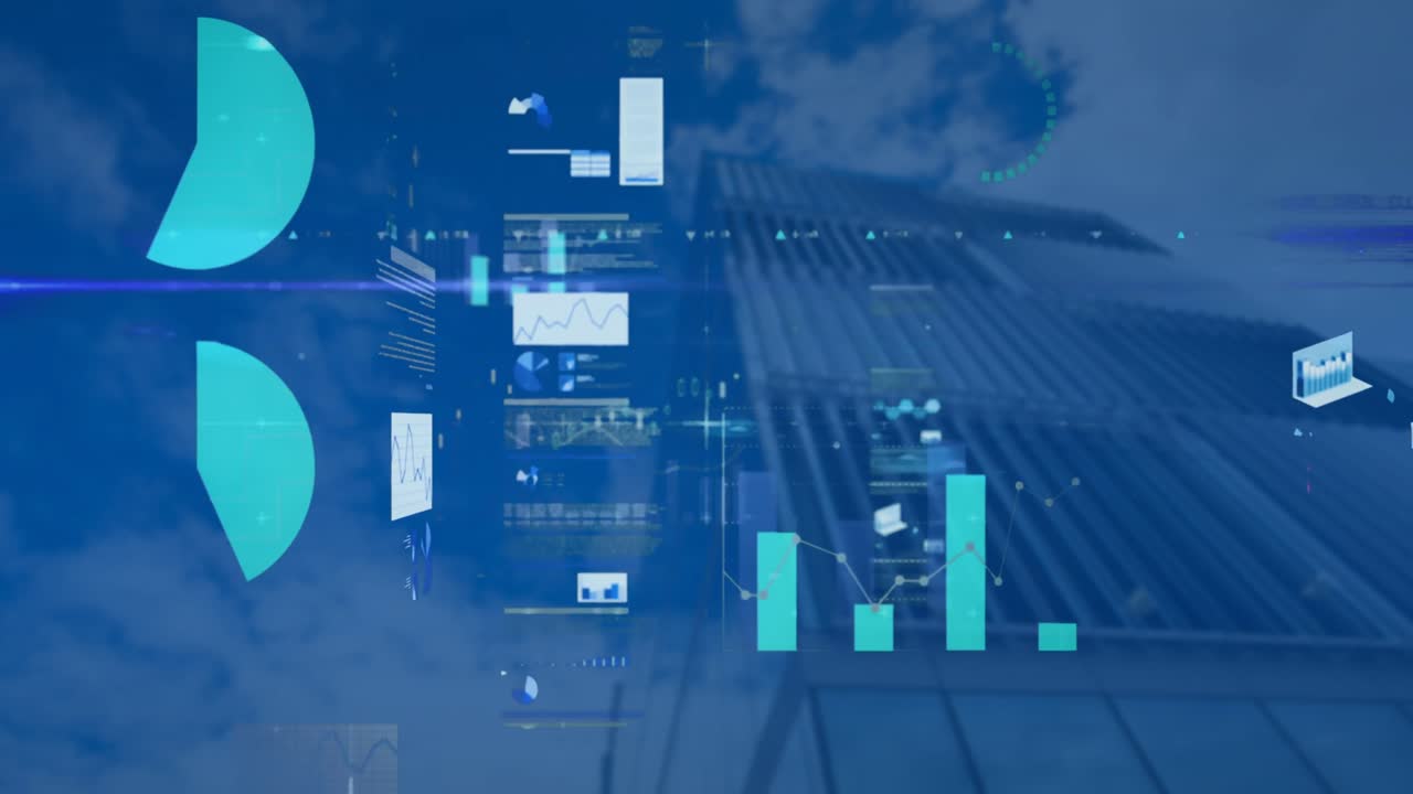 animazione dell'elaborazione dei dati statistici rispetto alla vista ad angolo basso degli edifici alti