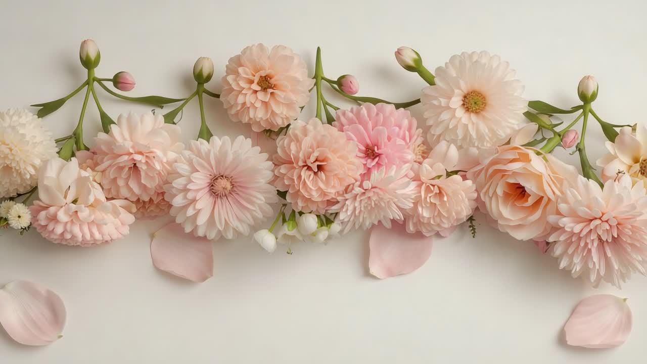 La telecamera zooma verso l'alto e inquadra per rivelare fiori rosa pallido, boccioli e petali sparsi su un tavolo bianco.