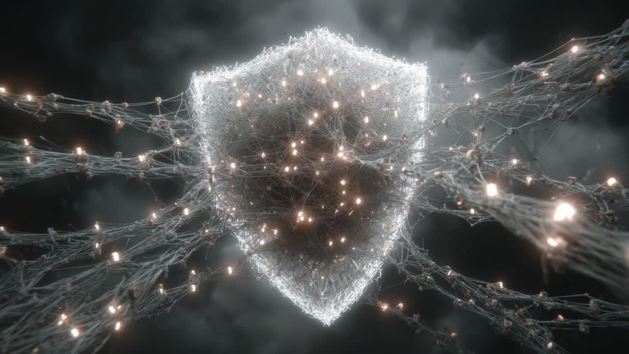 A stunning visualization of a digital shield, showcasing intricate connections of glowing networks, highlighting the themes of security, technology, and modern connectivity