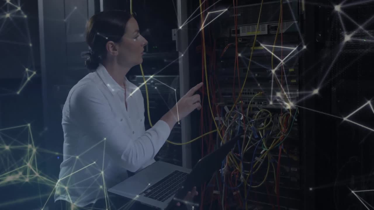 Animation of connections over caucasian woman checking servers