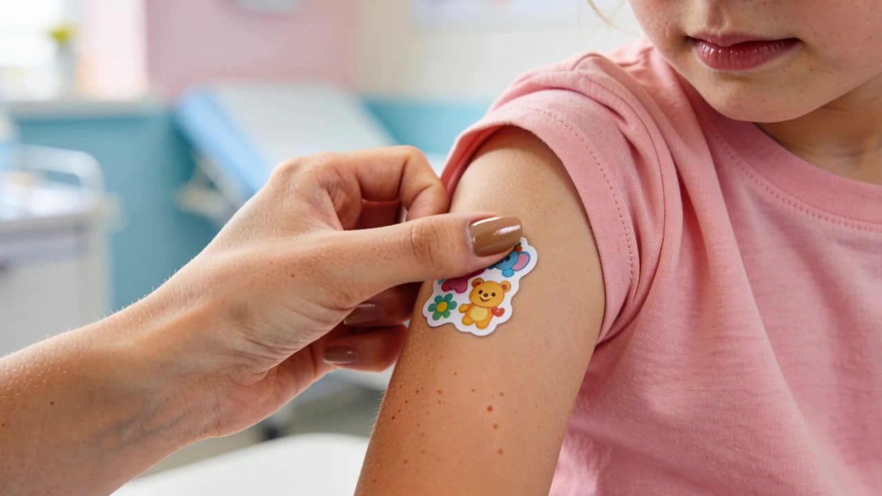 Operatore sanitario si protende per applicare e lisciare un adesivo a forma di animale sul braccio di un bambino con maglietta rosa, in clinica.