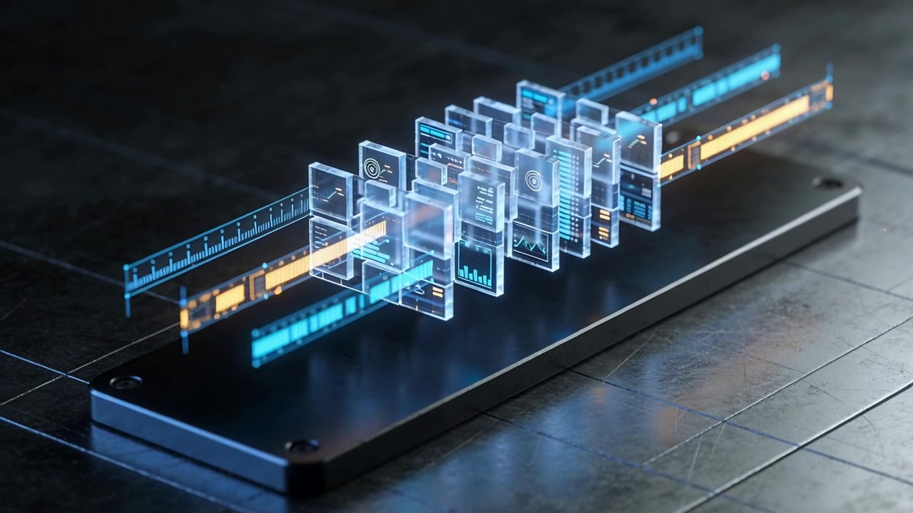 Activating light ribbons, UI panels sliding and forming data stack above matte-black platform