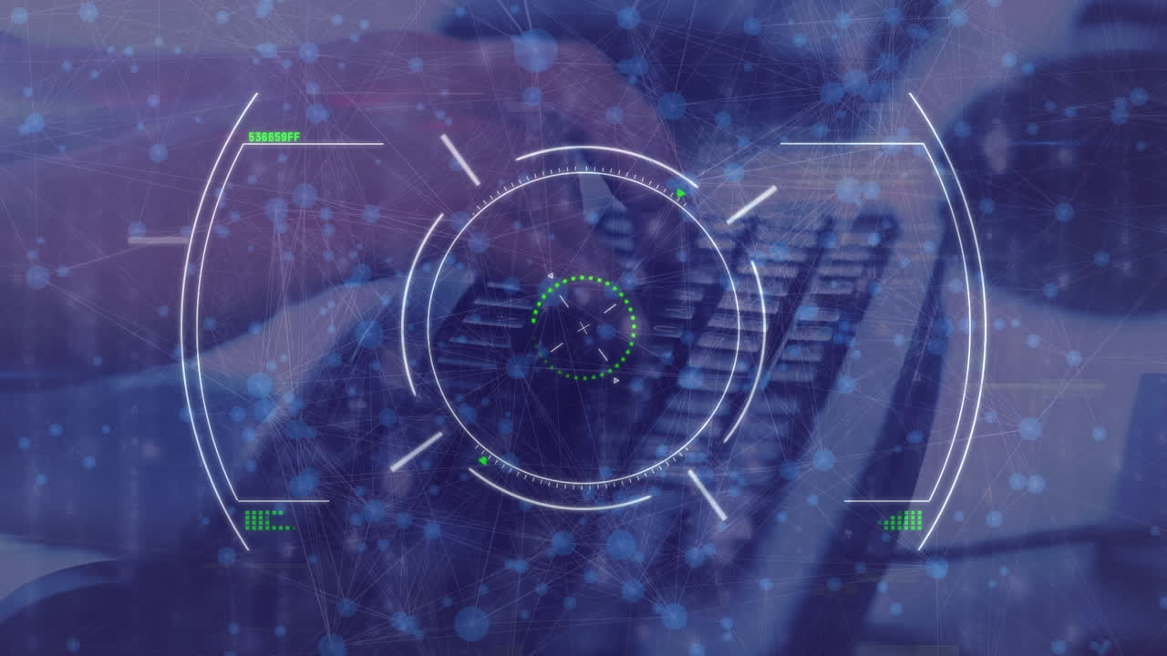 animación del escaneo del alcance, red de conexiones, manos escribiendo en el teclado de la computadora