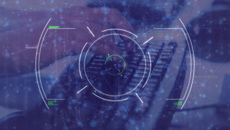 animation of scope scanning, network of connections, hands typing computer keyboard