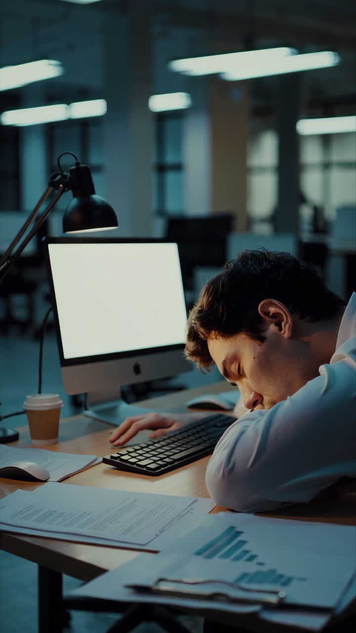 Tired Employee Sleeping at Workplace at Night