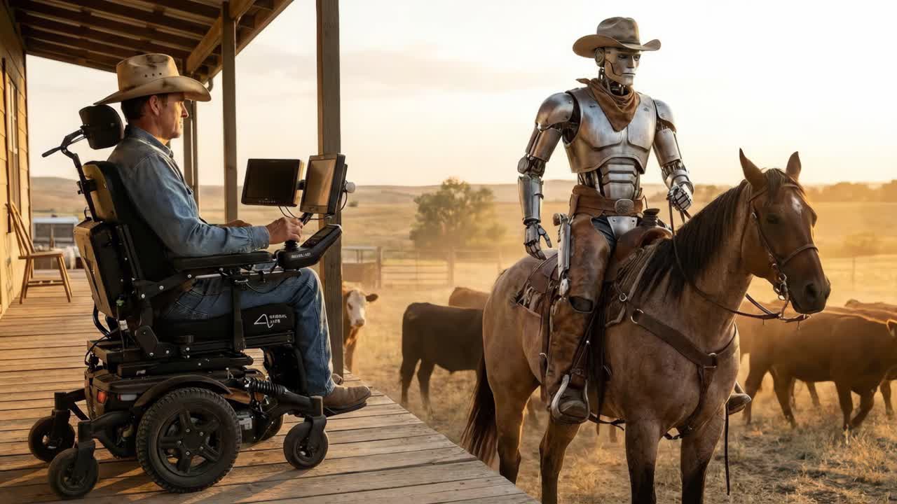 Robot Cowboy og handicappet ranchejer ved solnedgang