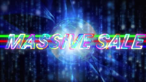 Animation-of-massive-sale-text-over-blue-lights-and-globe-on-black-background