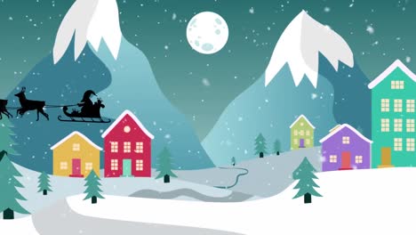 Animation-of-santa-claus-in-sleigh-with-reindeer-over-houses-and-winter-landscape