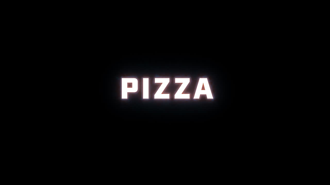 revelación de texto de 4k de la palabra "pizza" en un fondo negro