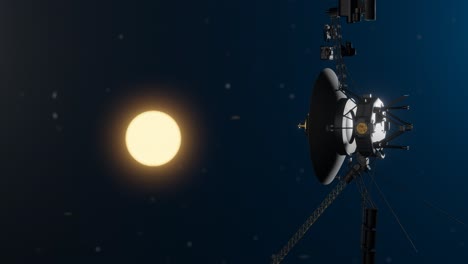 Animación-3D-Que-Muestra-La-Sonda-Espacial-Voyager-Volando-Por-El-Espacio-Con-El-Sol-De-Fondo