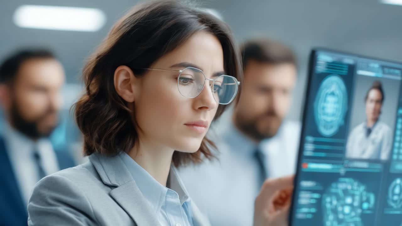 En fokuseret kvinde analyserer data på en digital skærm, omgivet af kolleger i baggrunden, hvilket fremviser teamwork og engagement i et højteknologisk miljø