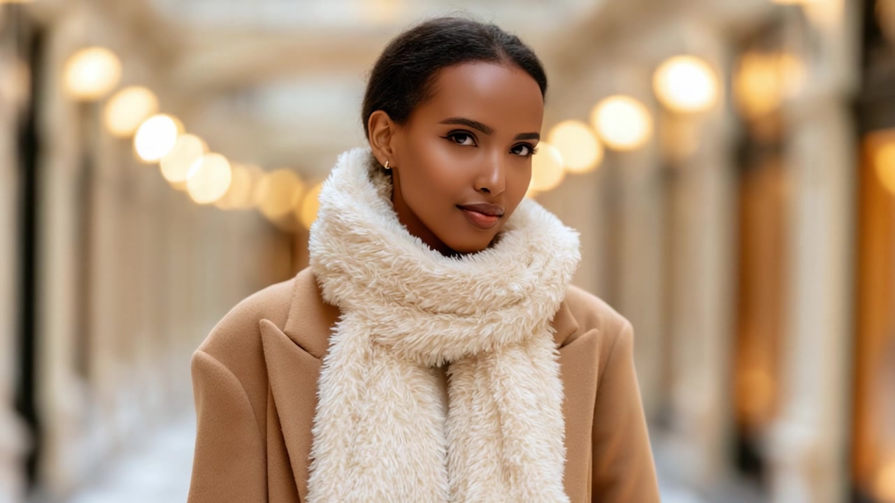 Catturata in un Momento: Una Donna Bella e alla Moda con una Sciarpa Accogliente si Gode la Bellezza Architettonica di un Elegante Luogo Interno, Irradiando Calore e Stile