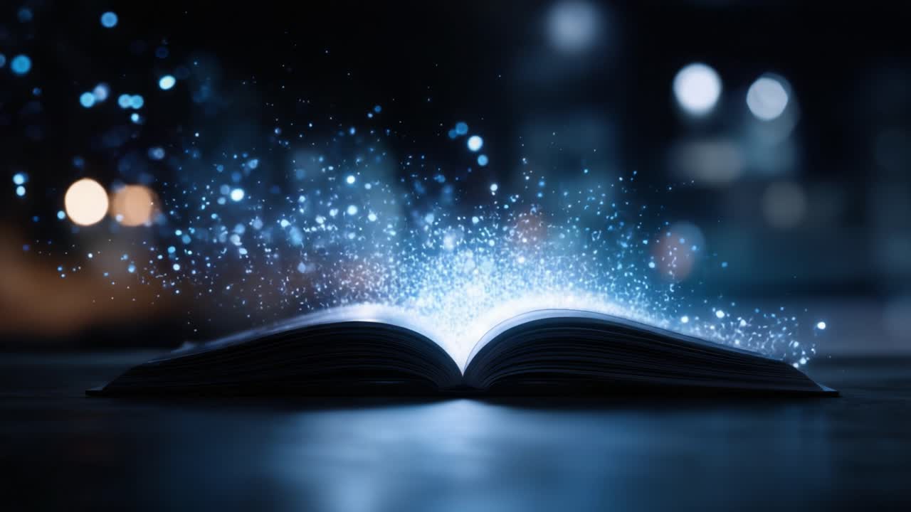 Un libro aperto incantato, circondato da magici bagliori e luci bokeh soffuse, che cattura l'essenza dell'immaginazione e della creatività in un'atmosfera da sogno