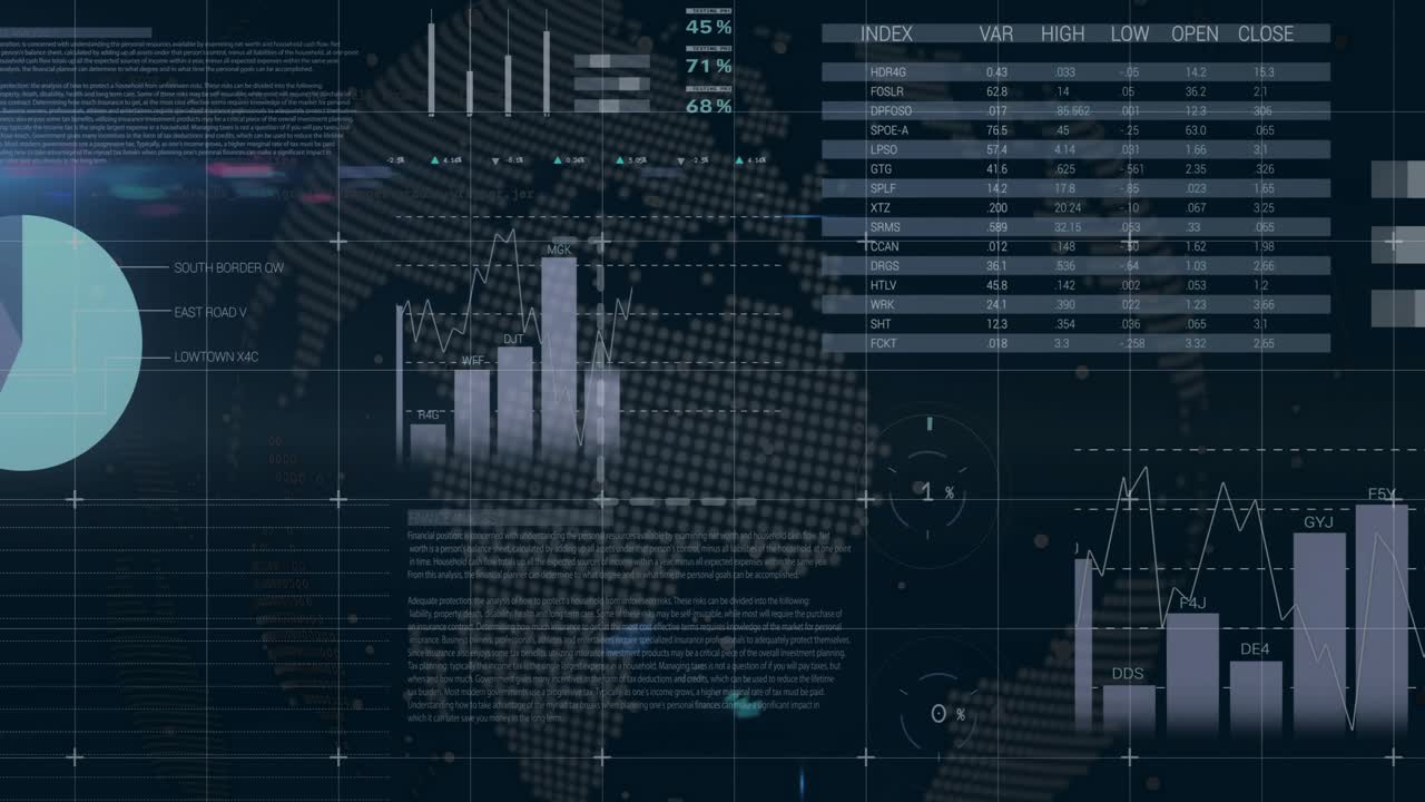 Dark grid opening starting stock index table animating charts, rings and map into data dashboard