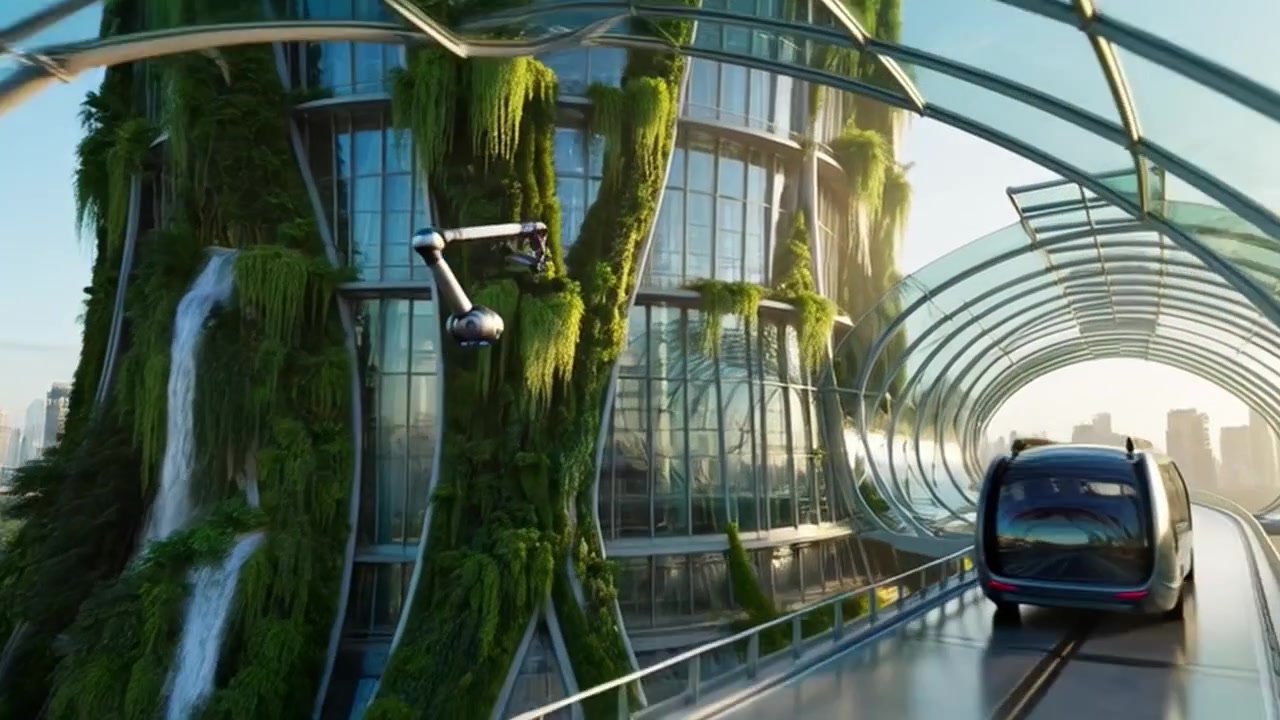 Vaivém Autônomo Futurista Passando por Arranha-céus com Jardim Vertical.