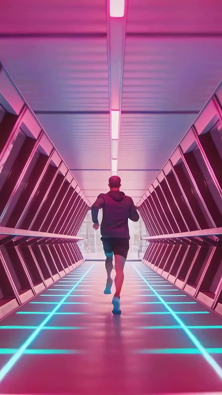Video verticale: Uomo che scatta inseguendo un'uscita di vetro lungo un ponte al neon con griglia ciano, con felpa con cappuccio e scarpe.