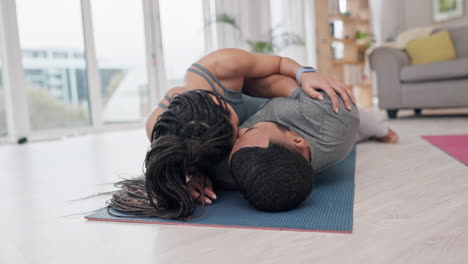 home, exercise and couple cuddle with love